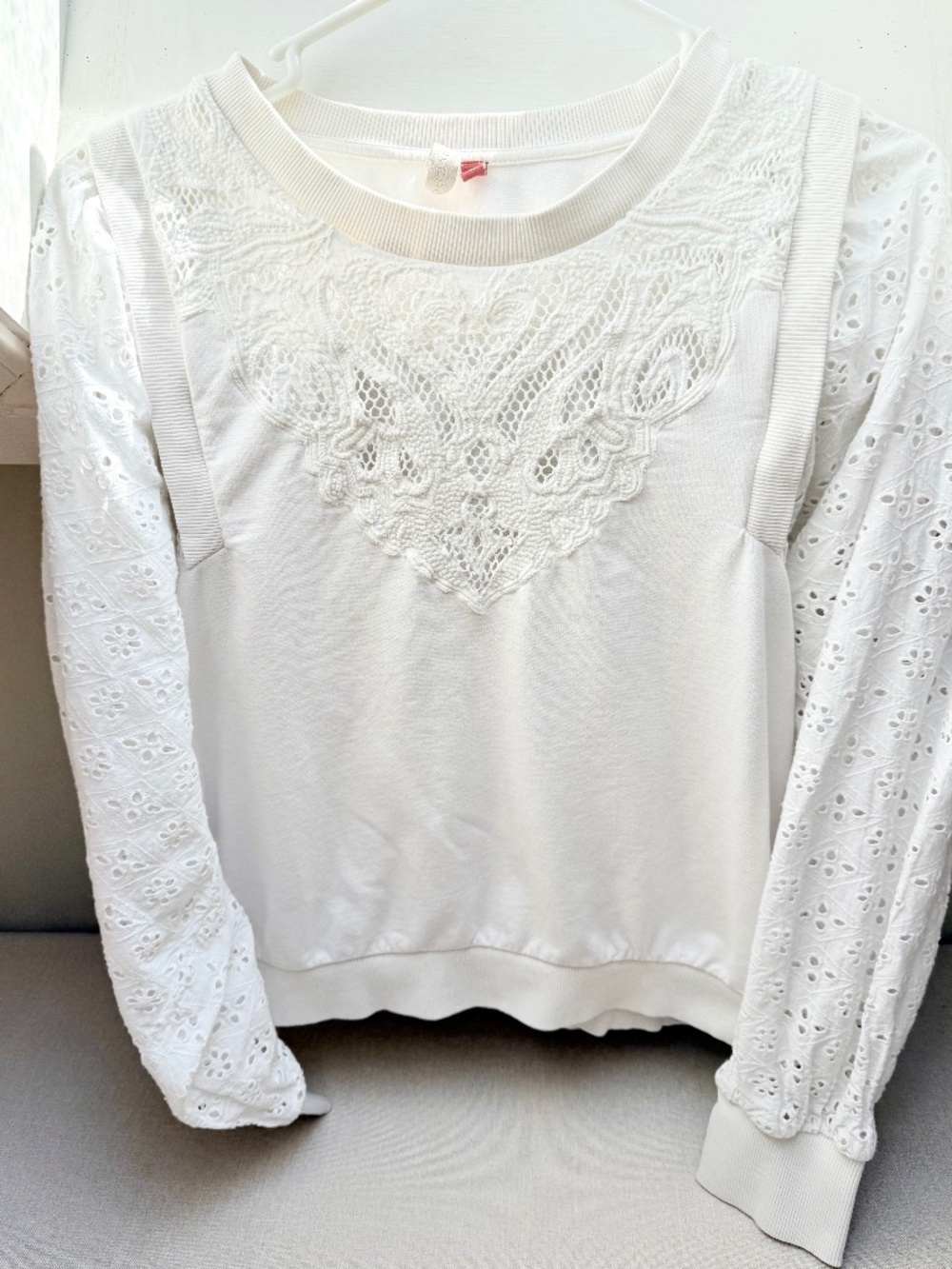 Anthropologie Pilcro Ecru and White Eyelet Sweatshirt Top Size M